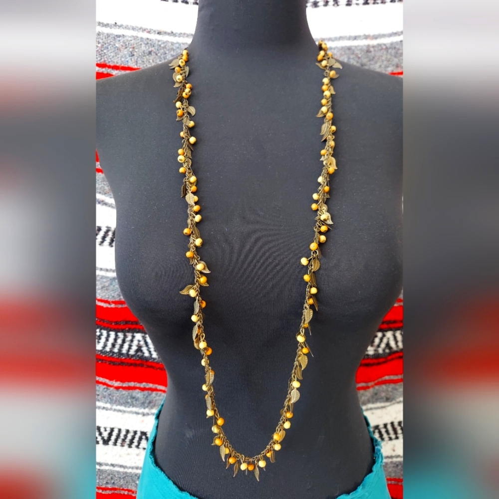 Tan bead feather long Necklace